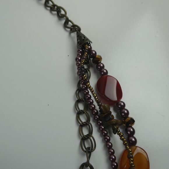 Multi Strand Grey Orange Red Beaded Faux Pearl Stone Plus Size Friendly Necklace - Picture 6 of 8